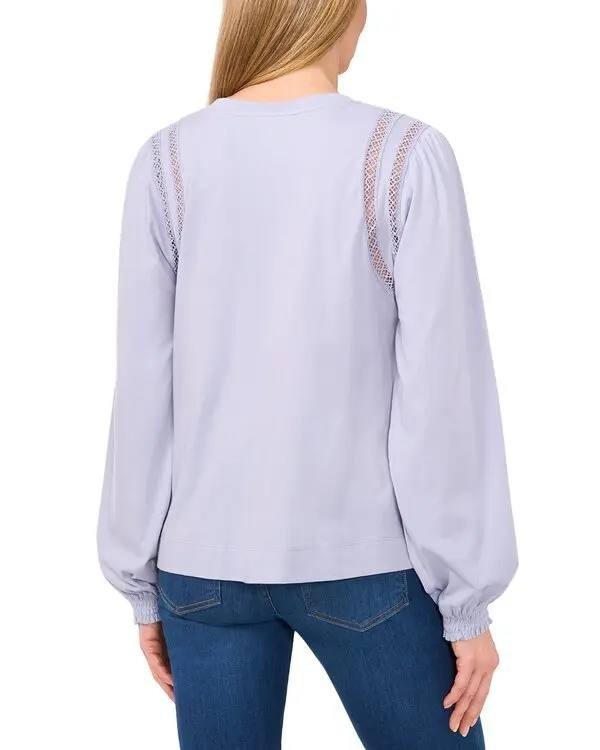 CeCe Dupraz Lace Inset Swing Top Slate Blue Cotton Blouse - Size S NWT