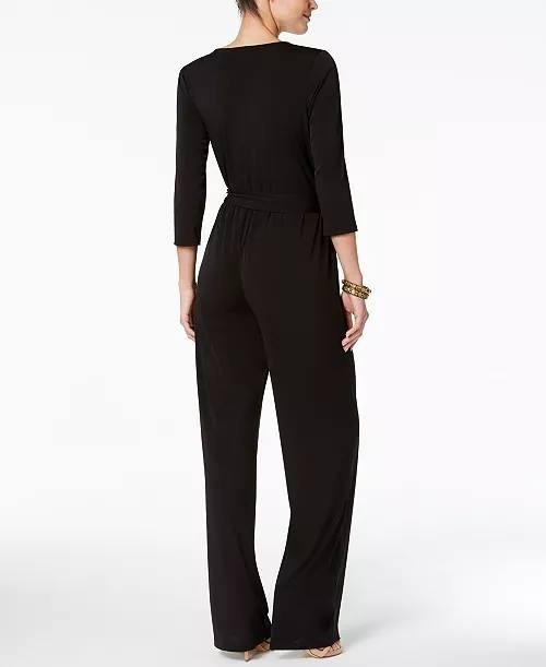 NY Collection Petite 3/4 Sleeve Belted Wide Leg Jumpsuit Navy PXL $66 NWT
