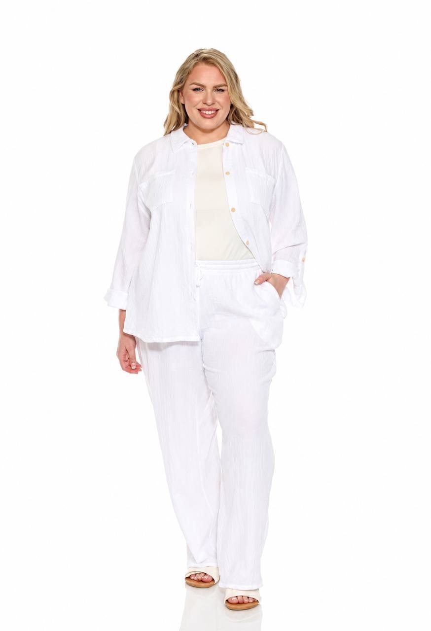 White Mark Plus Size Long Sleeve Button Down Cotton Gauze Shirt White 3X NWT $92