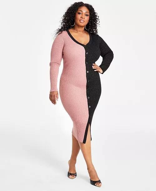 Nina Parker Plus Size Ribbed Button‑Front Dress Red/Black 0X NWT $99