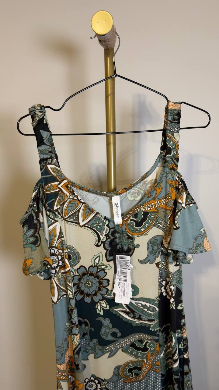 24Seven Comfort Apparel Cold Shoulder Maxi Dress Paisley Print L NWT $73