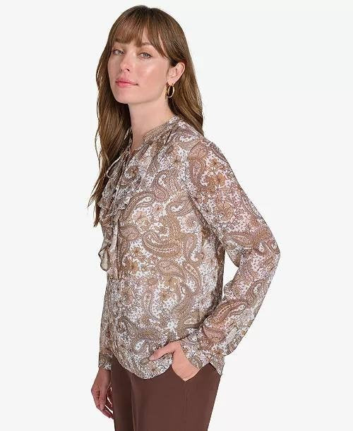 Tommy Hilfiger Paisley‑Print Ruffled Blouse – Long Sleeve – L – NWOT