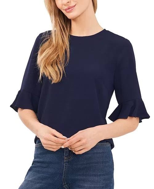 CeCe Crewneck 3/4-Sleeve Ruffled Cuff Blouse Classic Navy M NWT $49