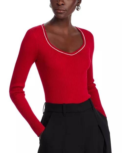 T Tahari Ribbed Sweetheart Rhinestone Sweater Baked Cherry L NWT $78