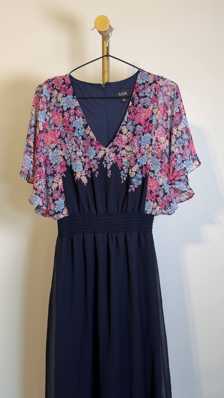 MSK Printed V-Neck Flutter-Sleeve Smocked-Waist Dress JBS Navy S NWOT $89