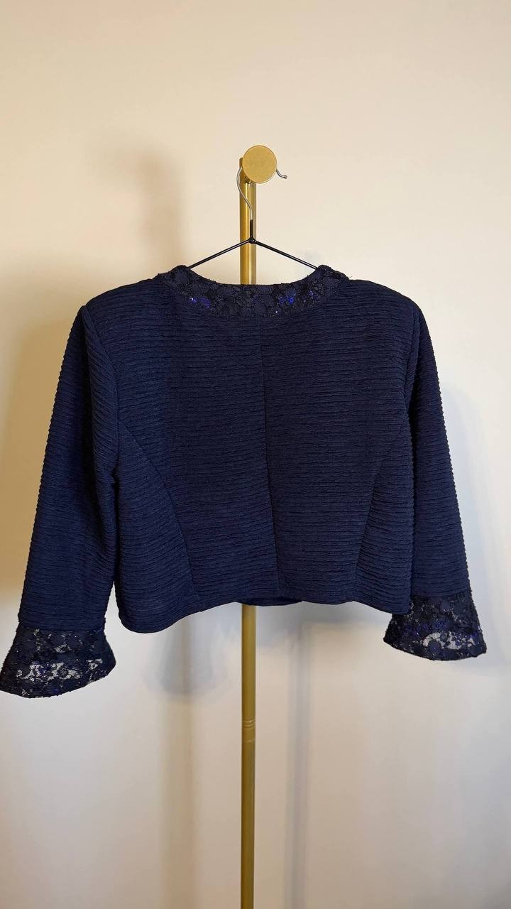 NY Collection Women’s Petite Novelty Knit Lace Trim Jacket Navy 8P NWT