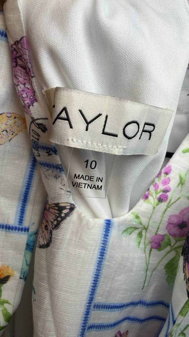 Taylor Mock‑Neck Butterfly‑Print Ruffled‑Hem Dress White Multi 10 NWT $70