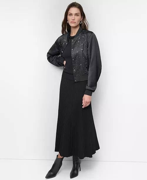 DKNY Studded Snap‑Front Bomber Jacket – Size S – Black – NWT