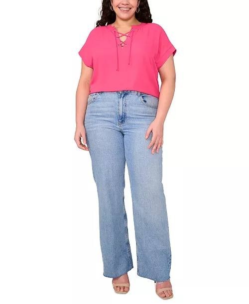 Vince Camuto Plus Size Lace‑Up Short‑Sleeve Top Pink 2X $79 NWT