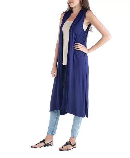 24seven Comfort Apparel Sleeveless Long Side-Slit Vest Navy L NWT $59.99
