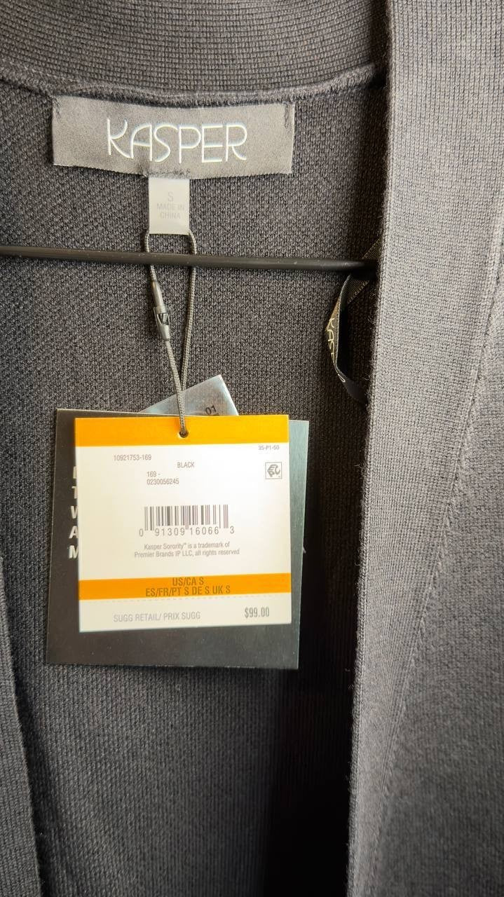 Kasper Open-Front Long-Sleeve Cardigan Black S NWT $99