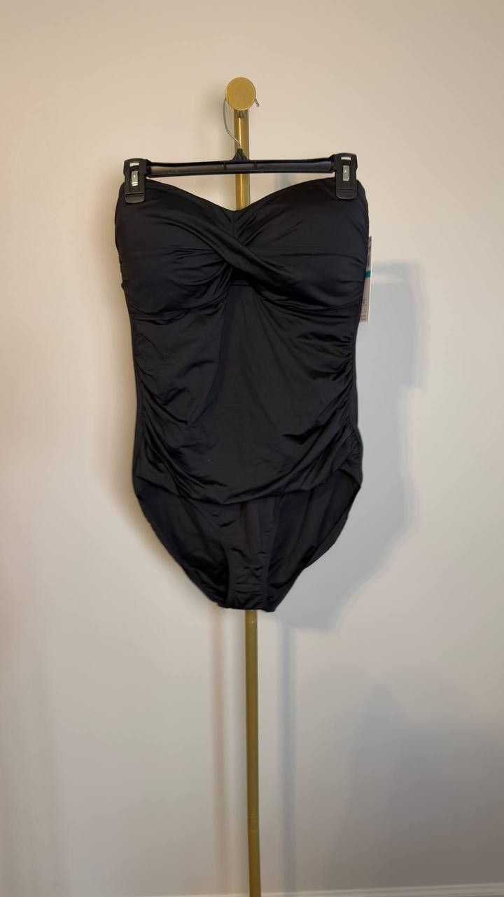 Anne Cole Twist Front Shirred One Piece Swimsuit Black 16 NWT $88