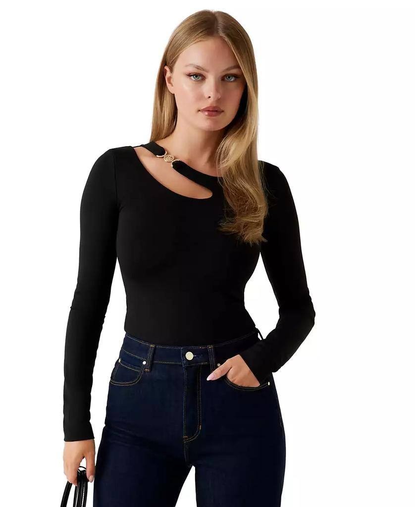 Guess Eco Eleanor Buckle Long Sleeve Top Black Size M NWT $79