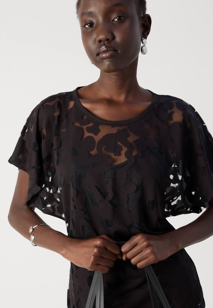 BOSS  Floral Lace Flutter Sleeve Top Black M NWT $99