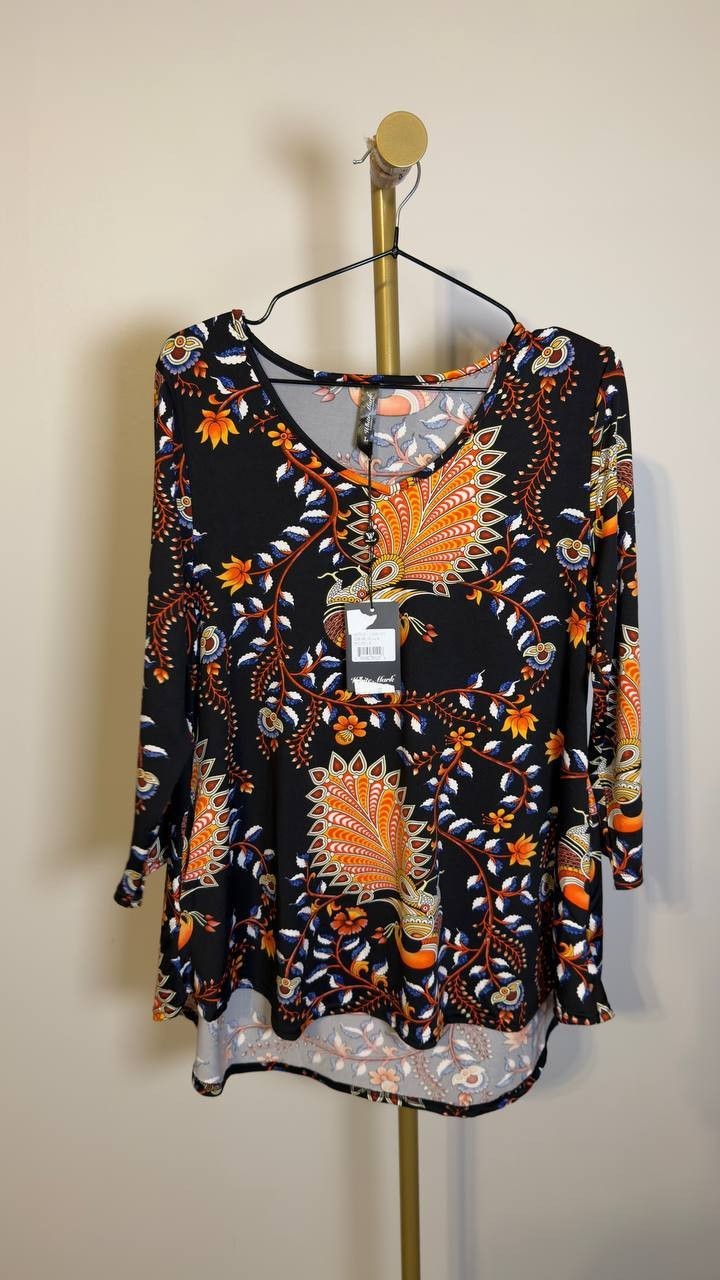 White Mark Vibrant Boho Swing Top V‑Neck Paisley Black L NWT $54