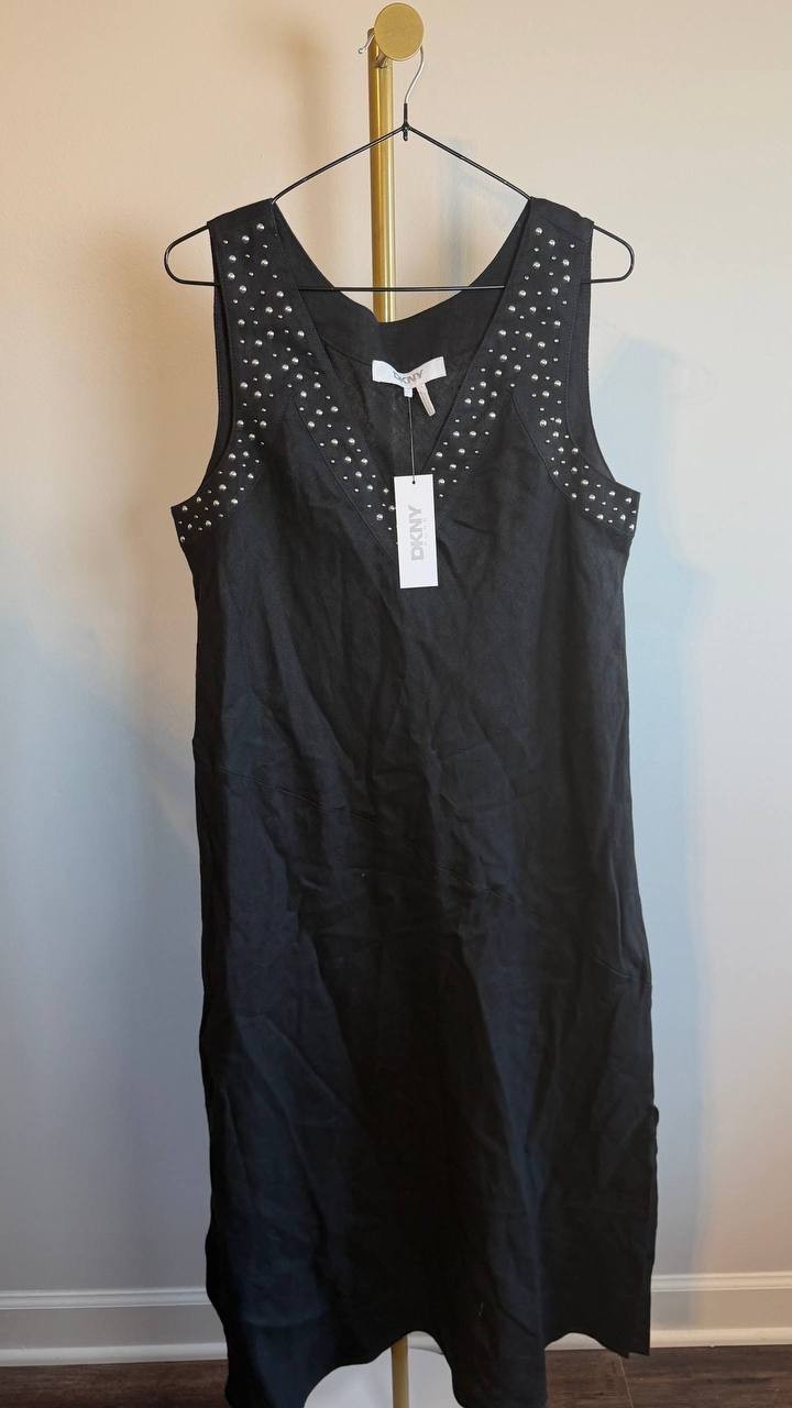 DKNY Stud Detail Linen Midi Dress Black Size M NWT $139