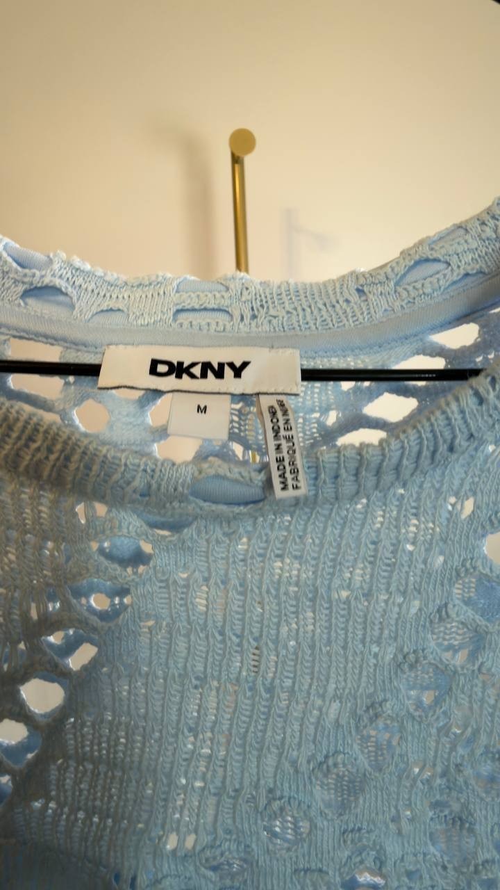 DKNY Leaf Crochet Short‑Sleeve Cotton Top Blue M NWT $99