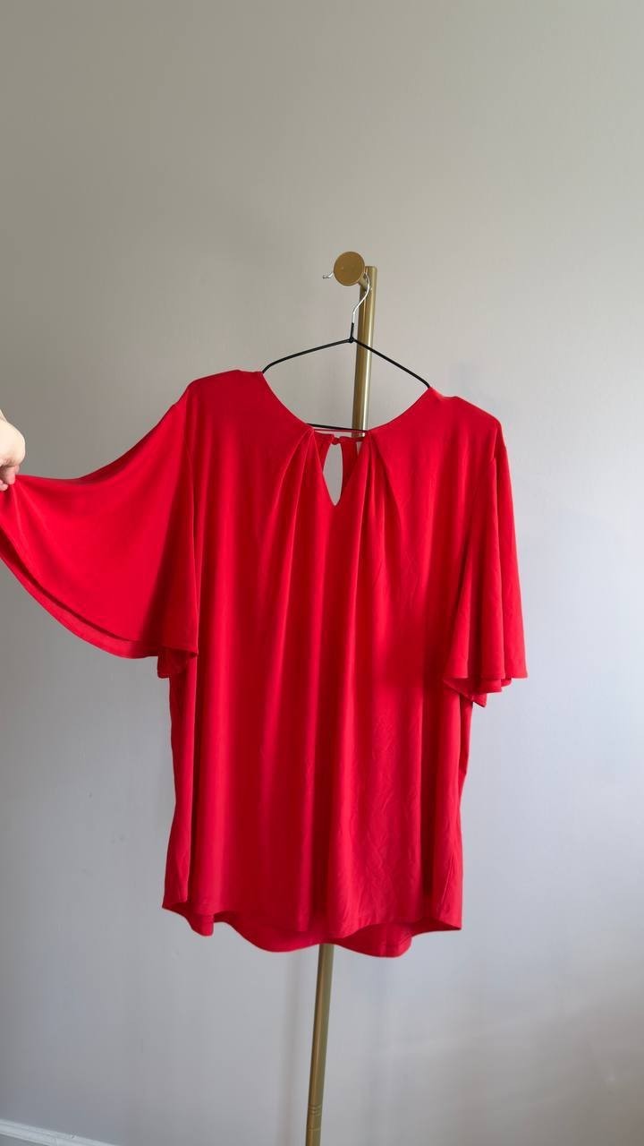 Anne Klein Pleat‑Neck Flutter‑Sleeve Blouse Red Begonia XXL NWT $69