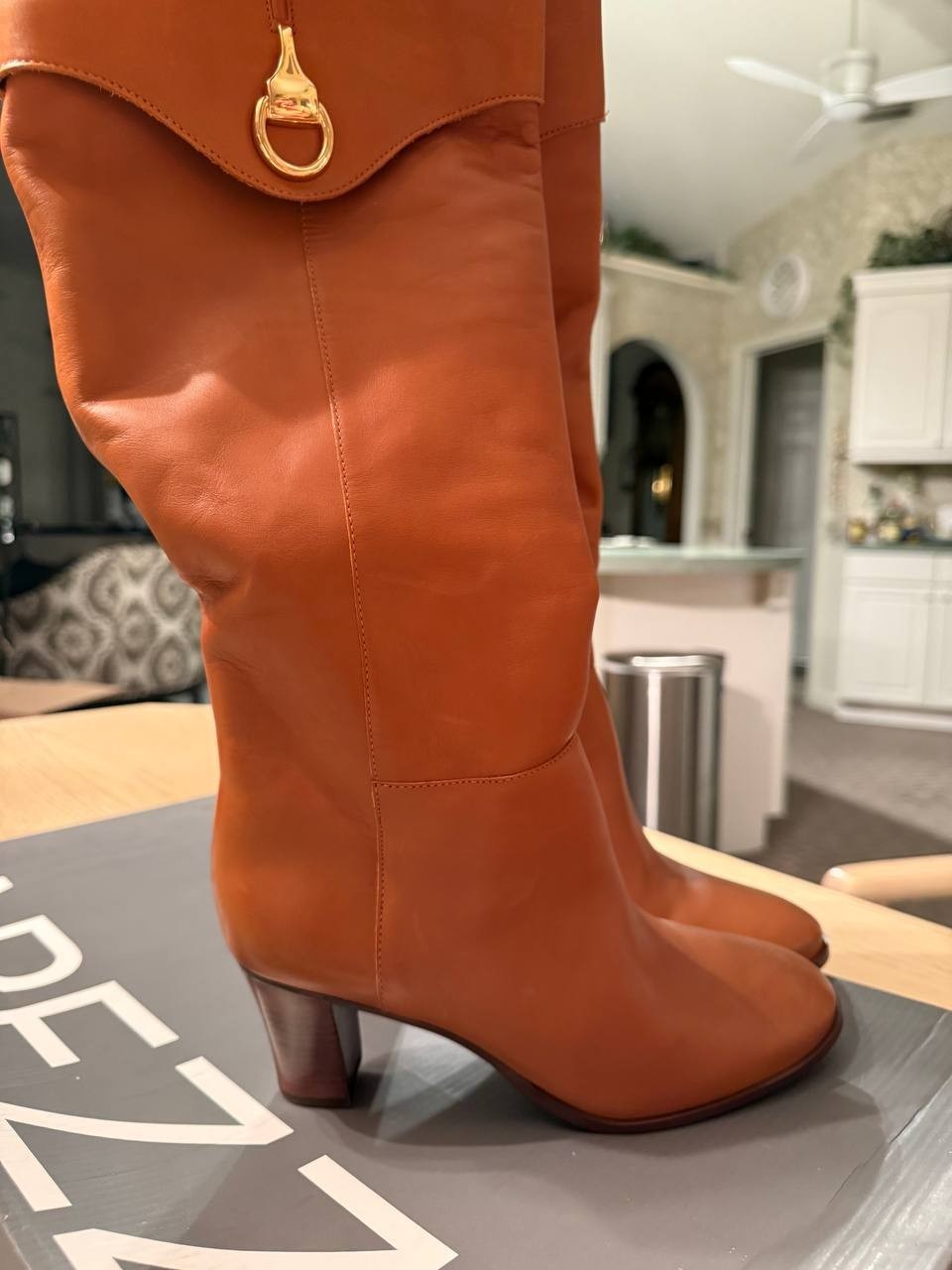 Arezzo Brown Leather Knee-High Boots 9.5B Gold Bit Detail, New with Box