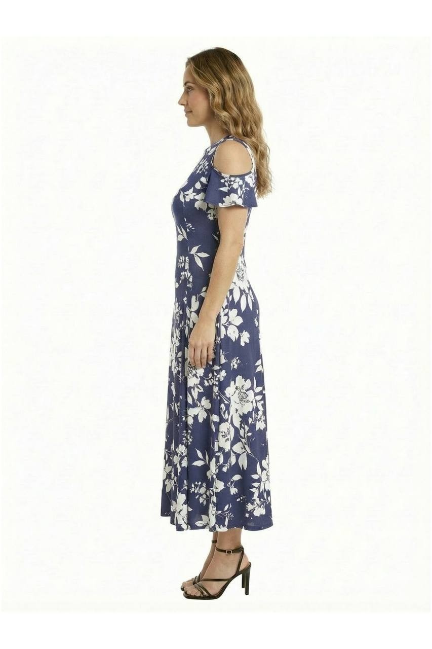 24Seven Comfort Apparel Cold Shoulder Maxi Dress Blue Multi XL NWT $117