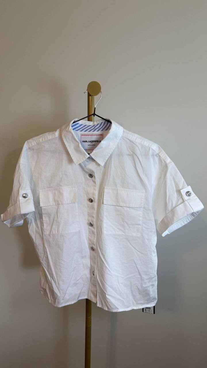 Karl Lagerfeld Paris Poplin Button Front Top White Pockets Size M NWT $89