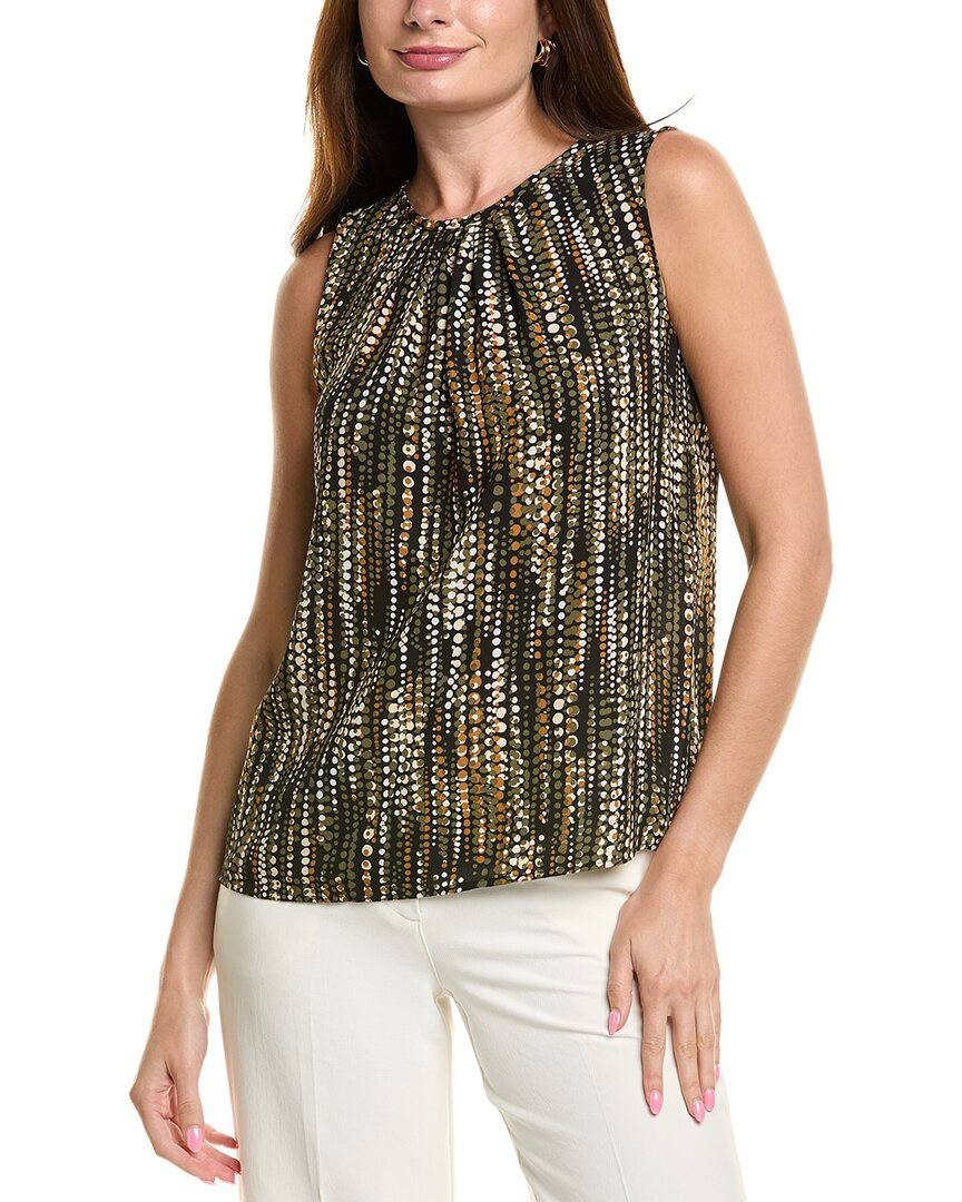 Anne Klein Round Neck Sleeveless Pleated Top Olive Palm Multi M NWT $79