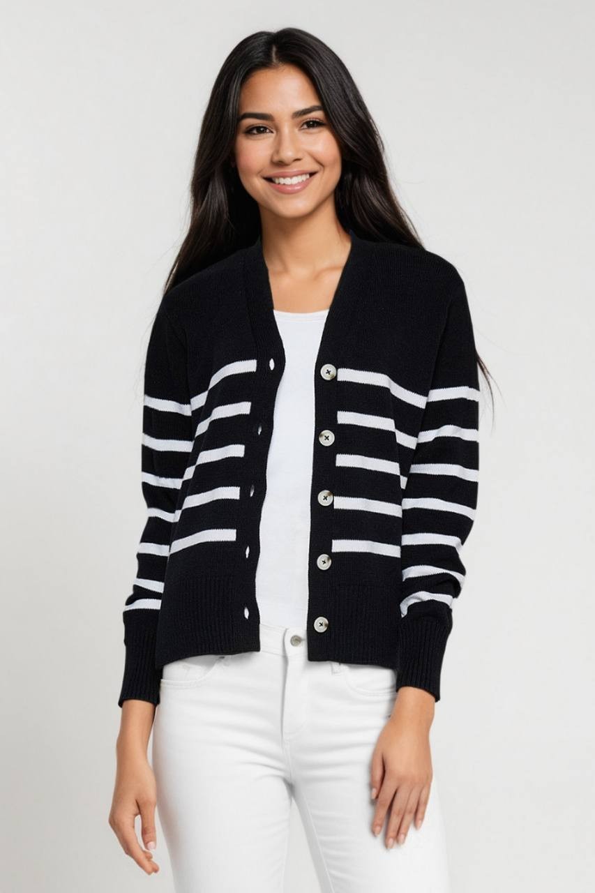 Three Dots Women’s Mackenzie Knit Button Cardigan Black Stripe M $98 NWT