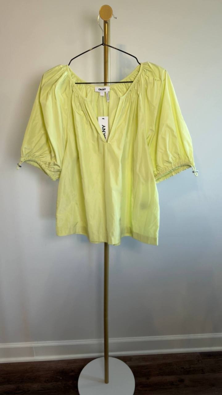 DKNY Drawcord Puff Sleeve Top Tea Green L NWT $79