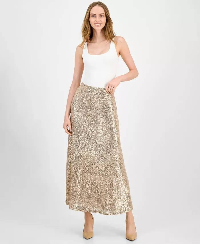 Anne Klein Sequin Flared Maxi Skirt Luxe Champagne L NWT $129