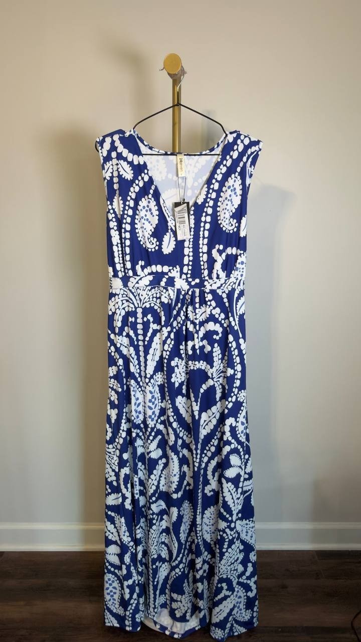 24Seven Comfort Apparel Sleeveless Empire Maxi Dress White/Navy 1X NWT $53