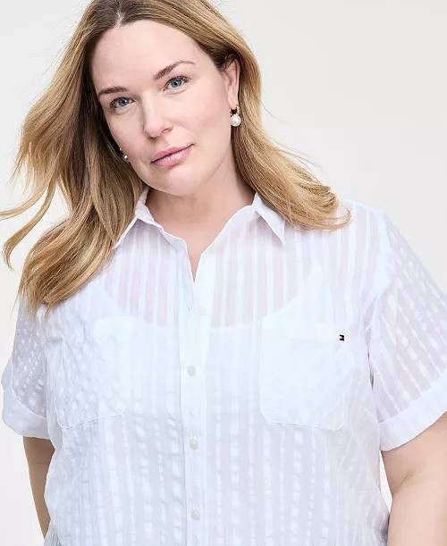 Tommy Hilfiger Plus‑Size Cotton Shadow‑Striped Camp Shirt–White–Size 2X–NWT–$69