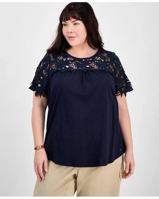 Tommy Hilfiger Lace‑Yoke Long‑Sleeve Blouse – Navy – Size 1X – NWT – $69.50