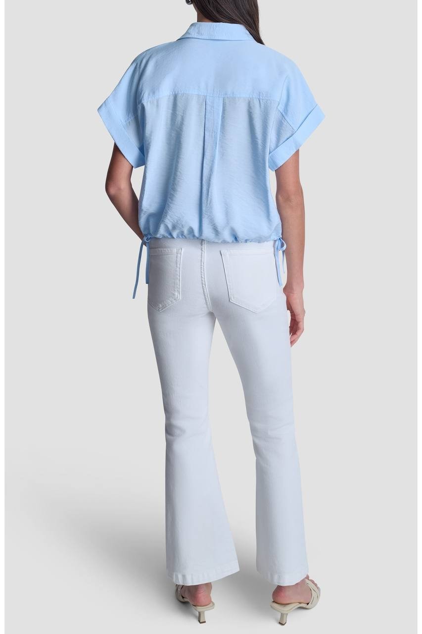DKNY Ladder Lace Detail Short‑Sleeve Button‑Up Shirt Light Blue M NWT $99
