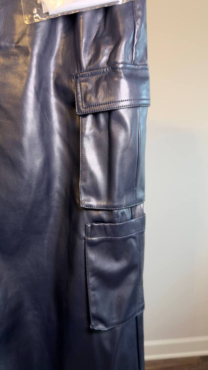 Guess Kori High‑Rise Faux‑Leather Cargo Pants Daring Ocean XL NWT $148