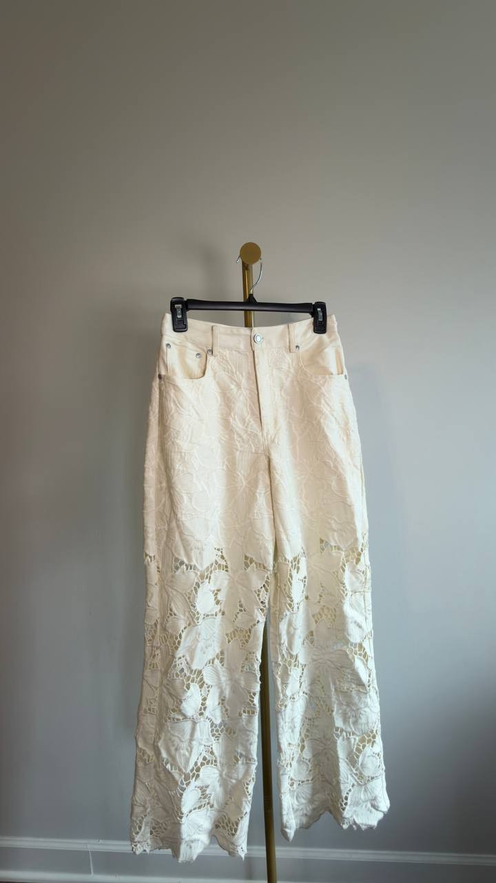 Avec Les Filles High Waist Embroidered Lace Cotton Pants Off White 27 NWT $158
