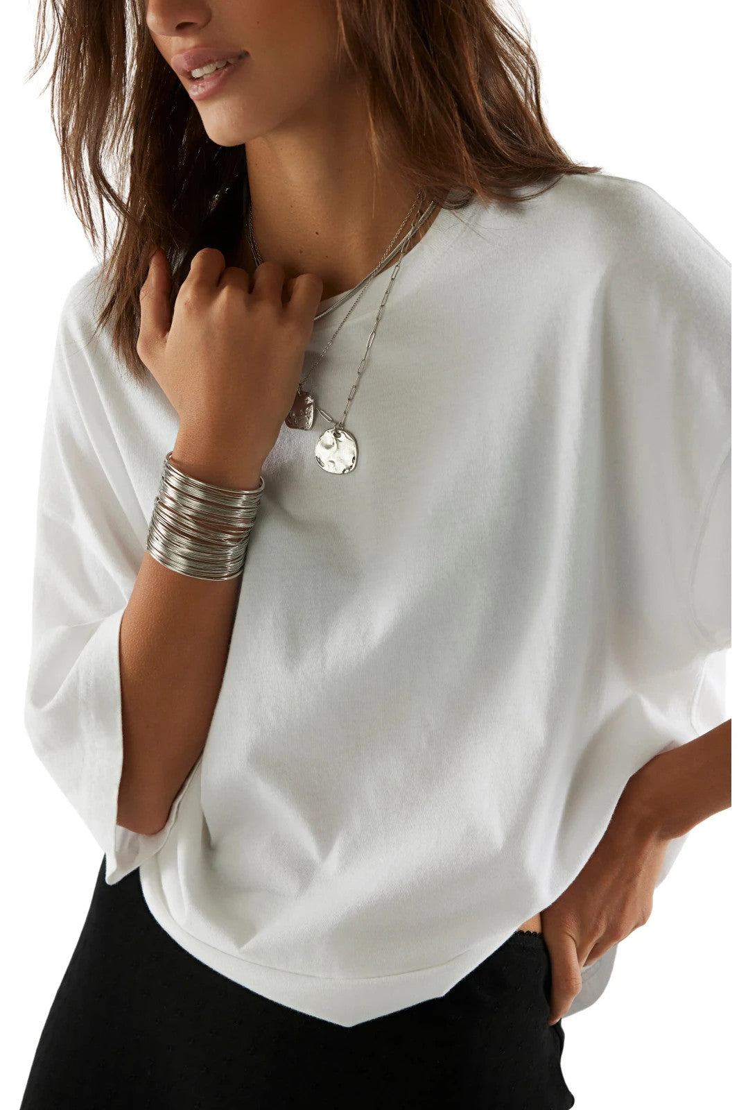 We The Free Oversized 3/4 Sleeve Crew Tee White L NWT $38