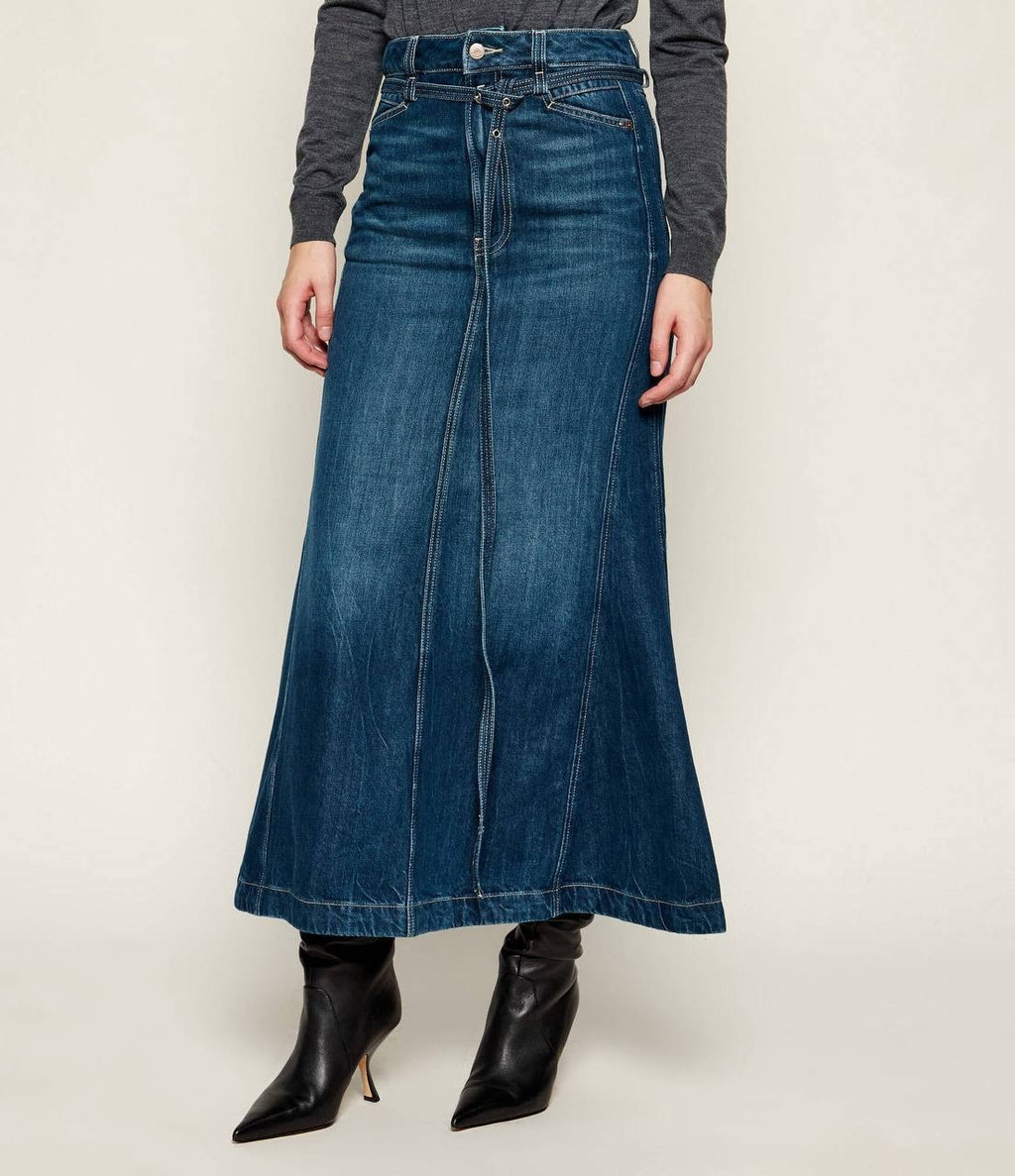 BOSS Blue-Denim Flared Skirt Dark Blue Size 27 NWT $199