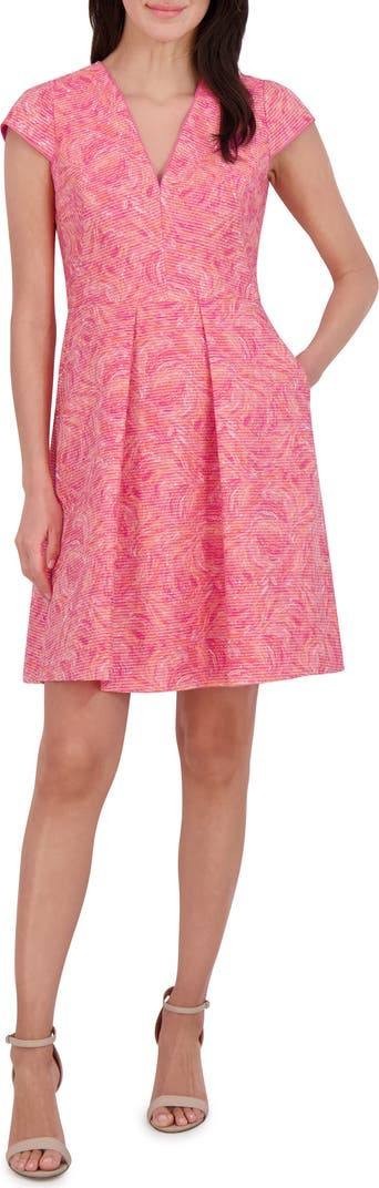 Vince Camuto Metallic Floral Jacquard Fit & Flare Dress Pink 8 $178 NWT