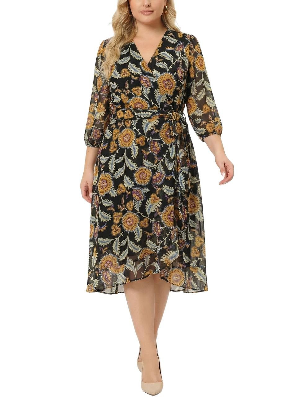 NY Collection Plus V-Neck  Belted Chiffon Dress Black Flowers 1X NWT $45,99