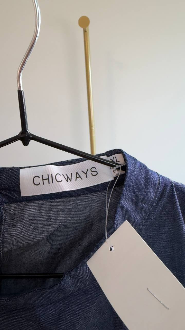 Chicways 3D Appliqué Puff‑Sleeve Denim Top XL Dark Denim NWT $69.99