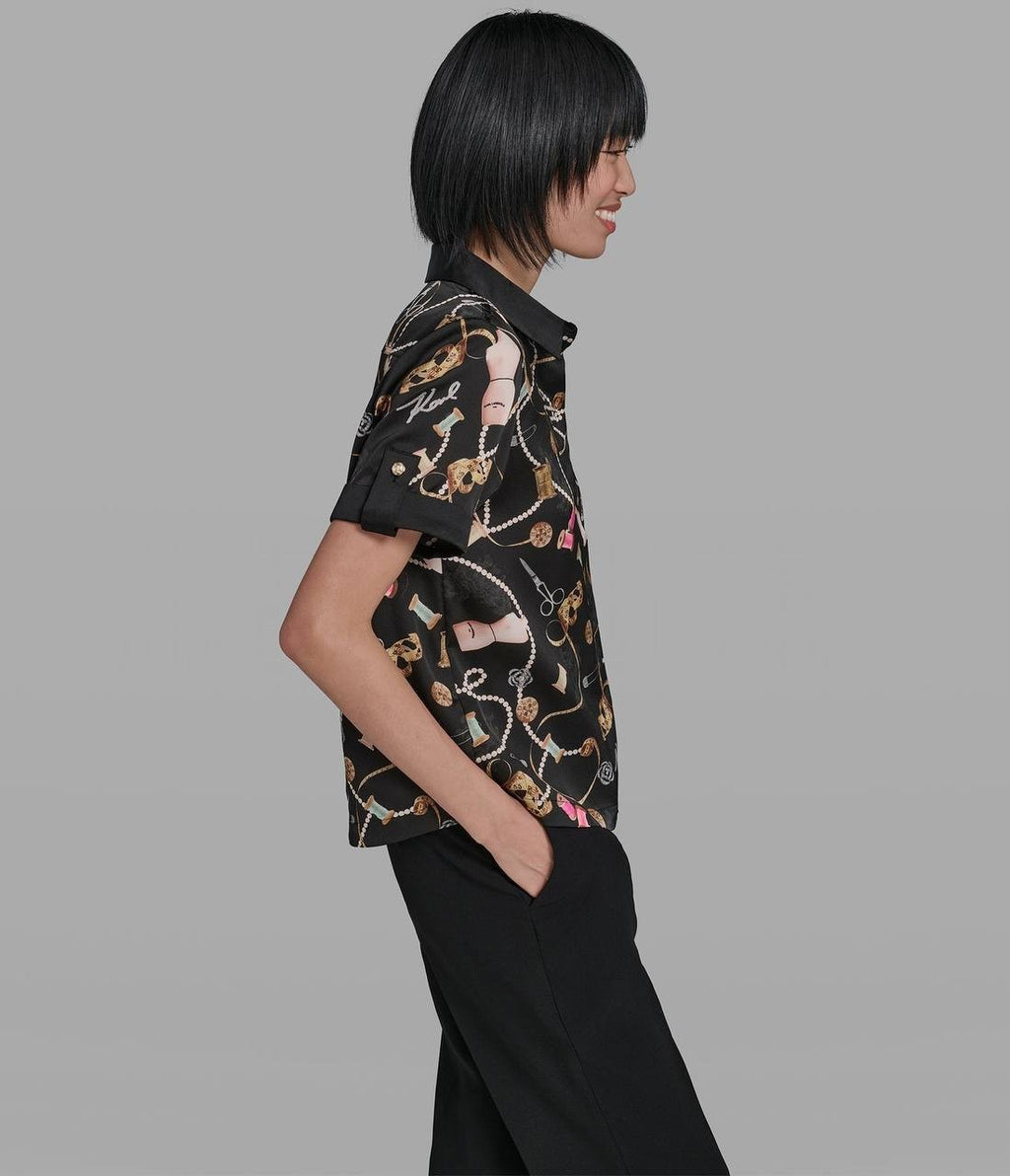 Karl Lagerfeld Paris Satin Print Camp Shirt Black L NWT $99