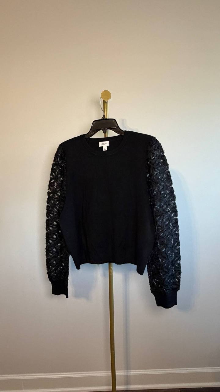 CeCe 3D Floral Lace Mixed Media Sweater Black XL NWT $89