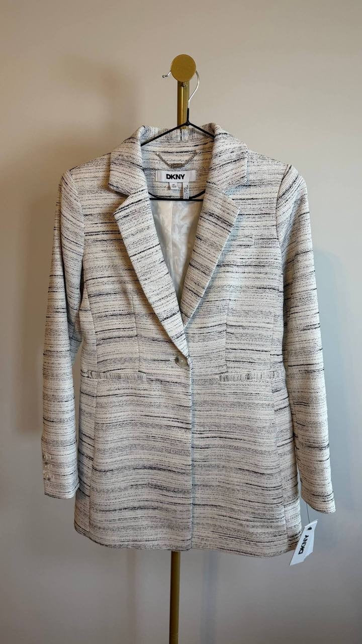 DKNY Women’s White Tweed Notch-Collar One-Button Long Blazer Size 2P NWT $179