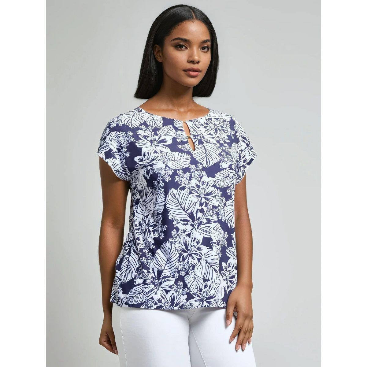 Jones New York Navy Floral Extended-Shoulder Pullover Top Petite PL NWT