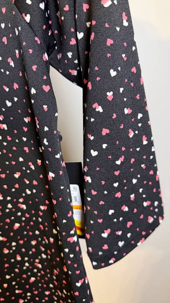 Jones New York Heart‑Print 3/4 Sleeve Crepe Top Black Multi S $59.50 NWT