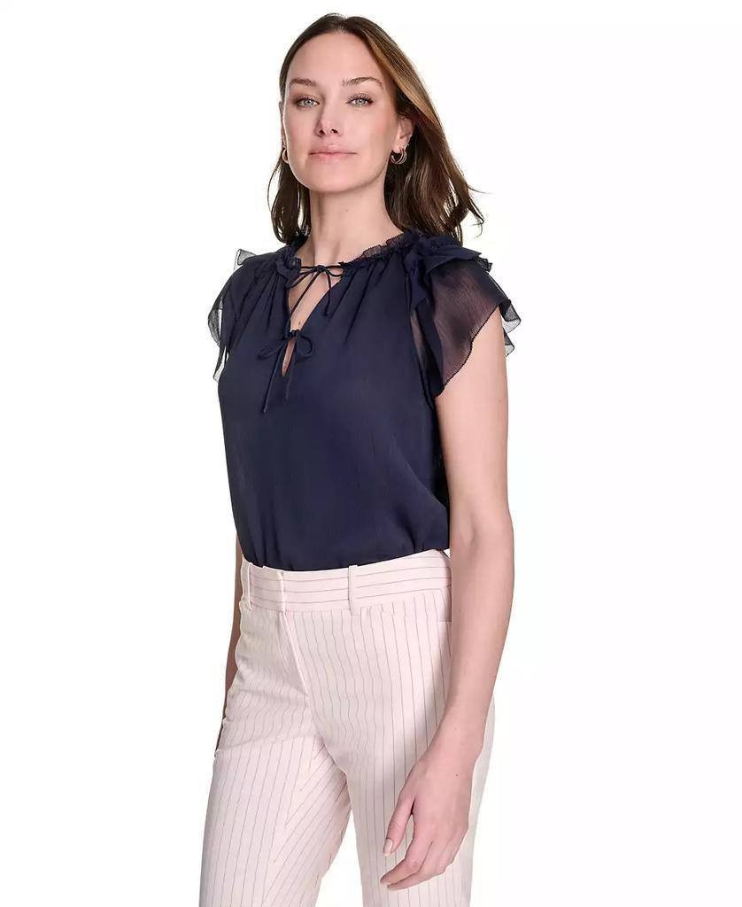 Tommy Hilfiger Split‑Neck Flutter‑Sleeve Blouse Midnight S $79 NWT