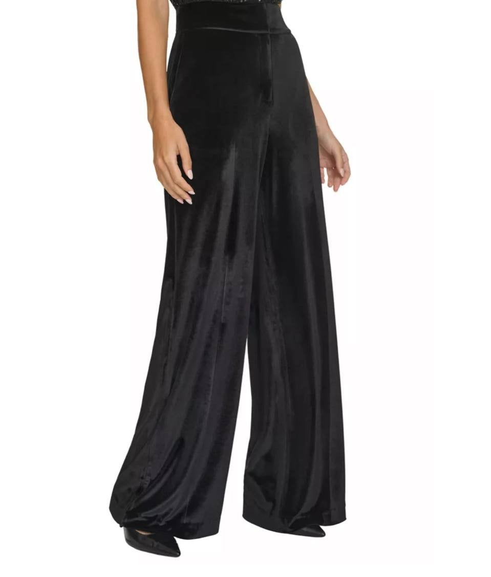 Calvin Klein Velvet Pants 10 Black Wide-Leg High Rise Stretch NWT MSRP 99$