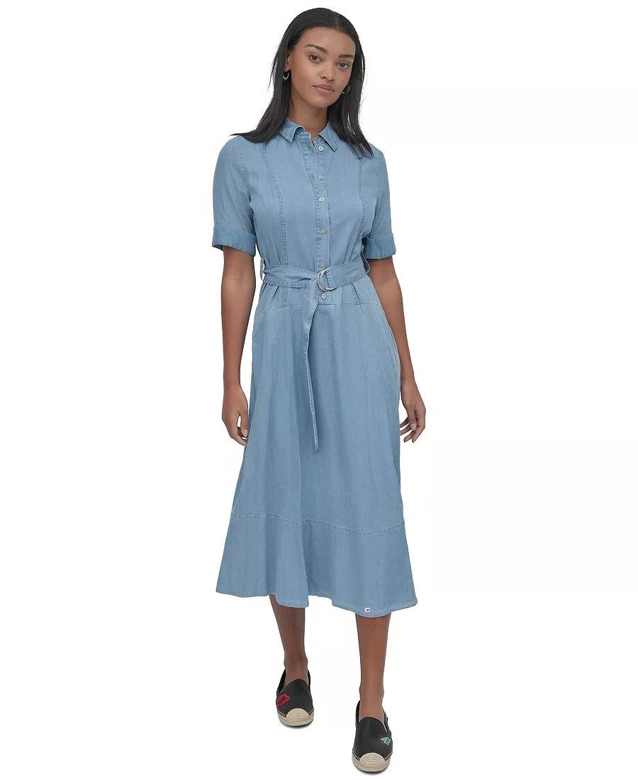 DKNY JEANS Chambray Belted Midi Dress Light Blue L Good Pre‑Owned MSRP$175