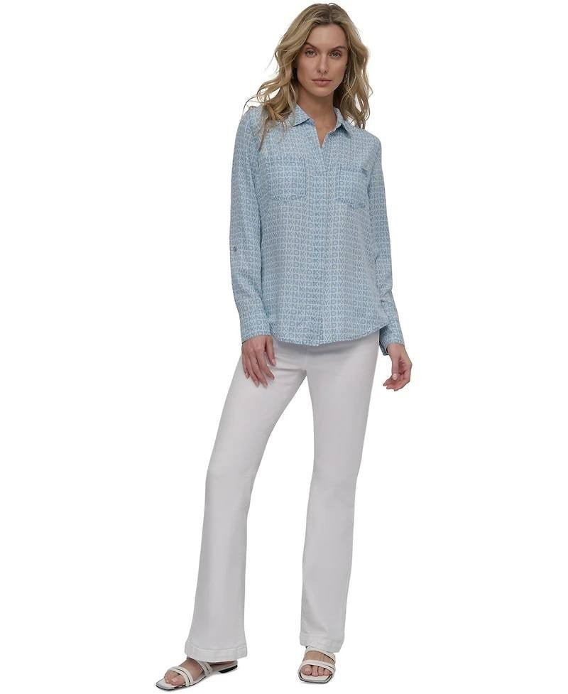 DKNY Jeans Roll-Tab Button-Front Chambray Blue XL Women Shirt Relaxed Fit