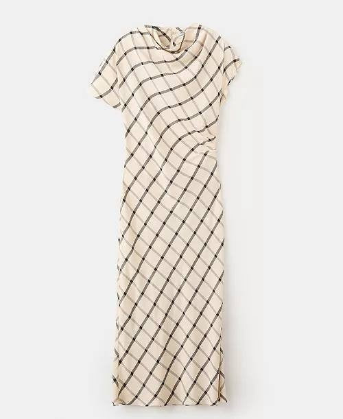 Mango Women’s Draped Neckline Checked Dress Beige XL NWT $100